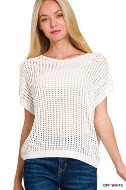 Lilian Crochet Knit Sheer Hollow Sweater, Off White