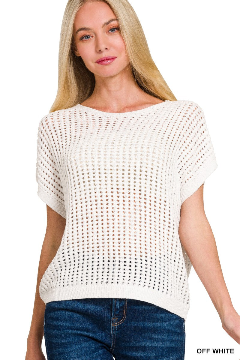 Lilian Crochet Knit Sheer Hollow Sweater, Off White