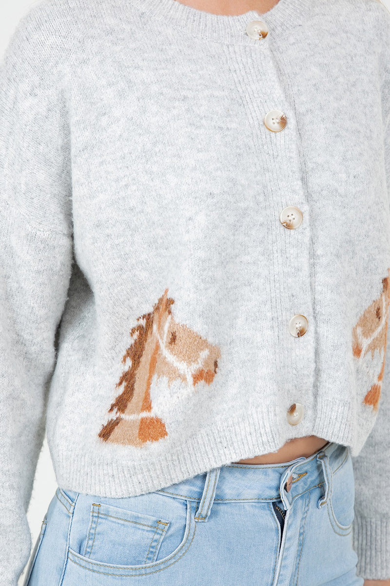 Horse Print Button Up Cardigan, Grey