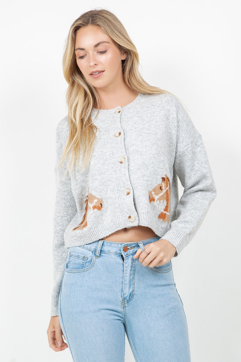 Horse Print Button Up Cardigan, Grey