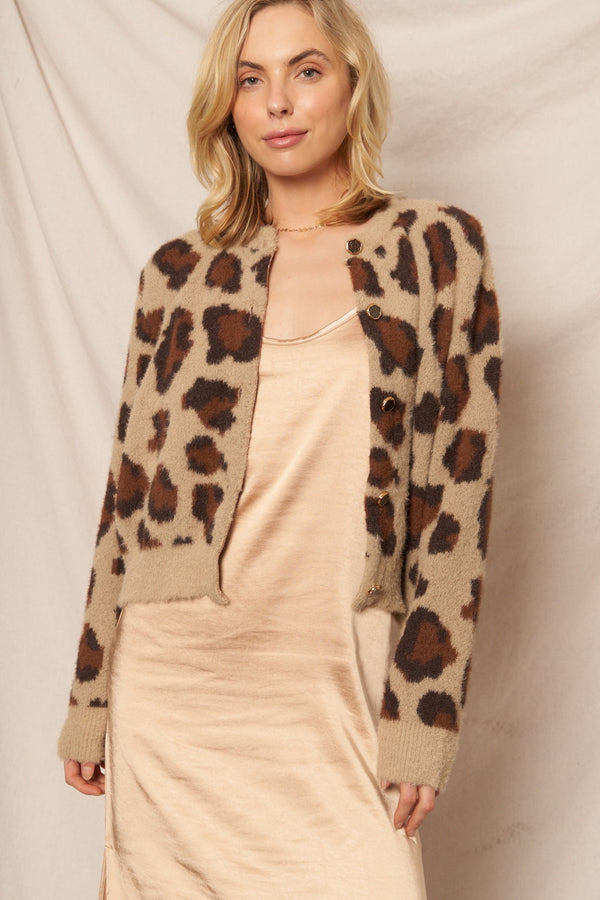 Ada Leopard Print Cardigan Sweater, Brown