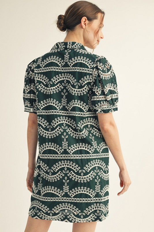 Angelica Collared Eyelet Dress, Hunter Green