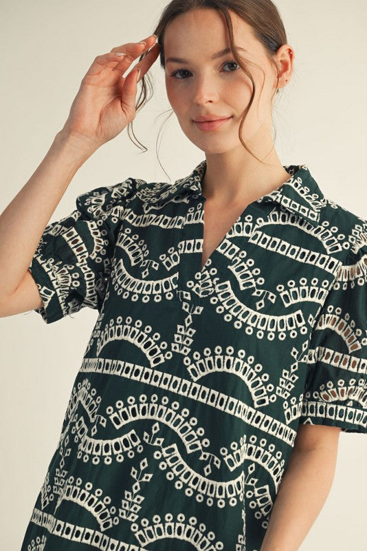 Angelica Collared Eyelet Dress, Hunter Green