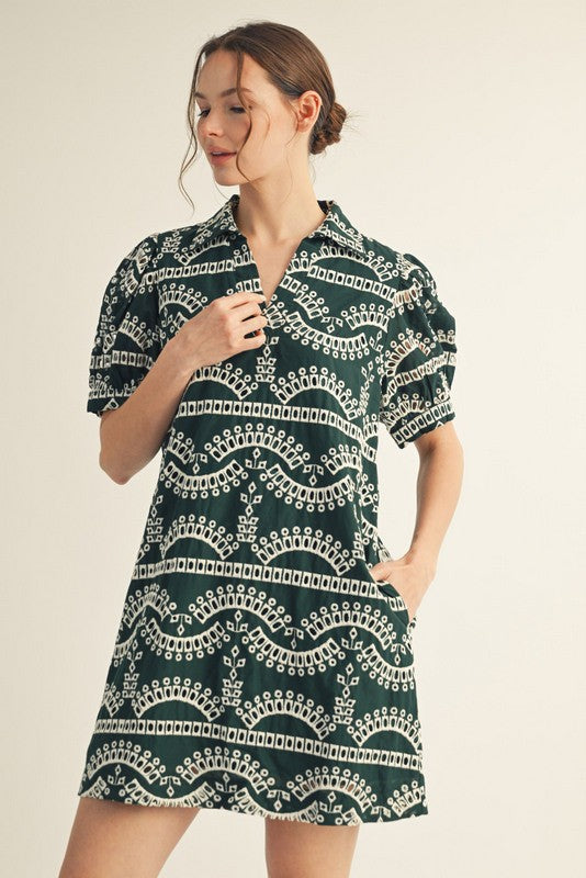 Angelica Collared Eyelet Dress, Hunter Green