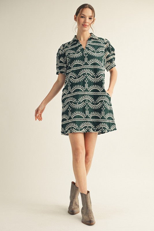 Angelica Collared Eyelet Dress, Hunter Green
