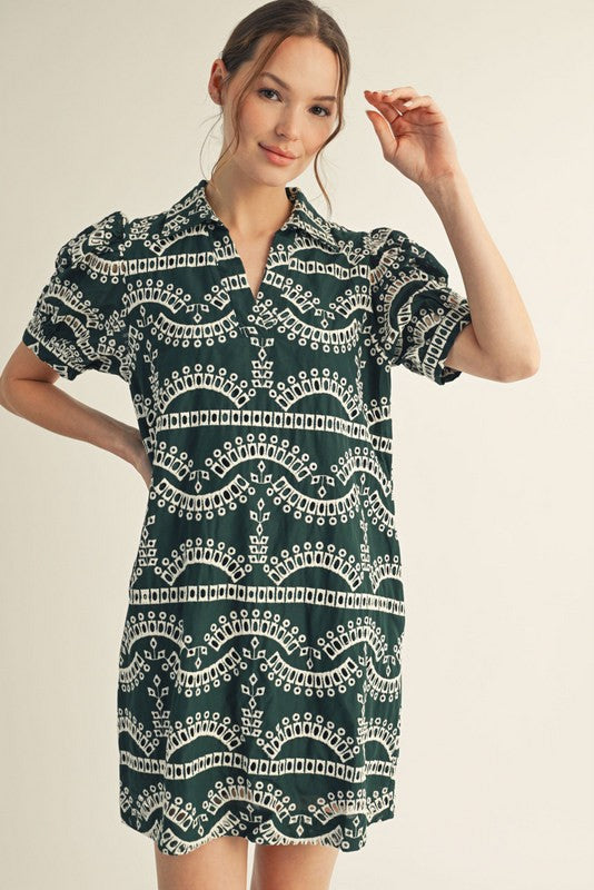 Angelica Collared Eyelet Dress, Hunter Green