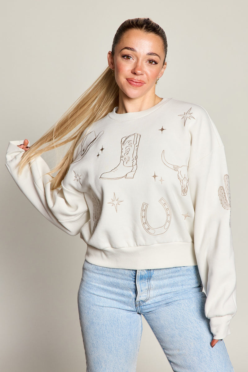 Western Embroidered Fleece Graphic Sweatshirt, True Bone