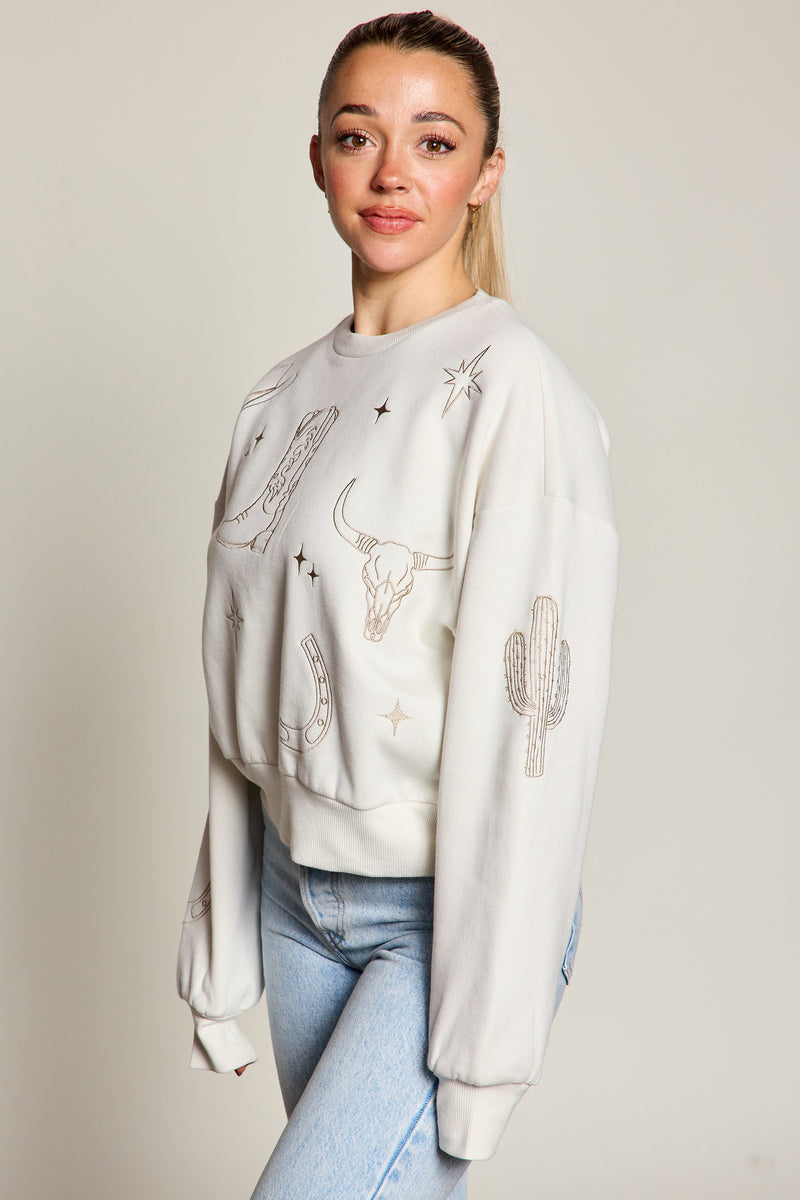 Western Embroidered Fleece Graphic Sweatshirt, True Bone
