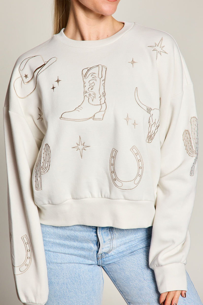 Western Embroidered Fleece Graphic Sweatshirt, True Bone