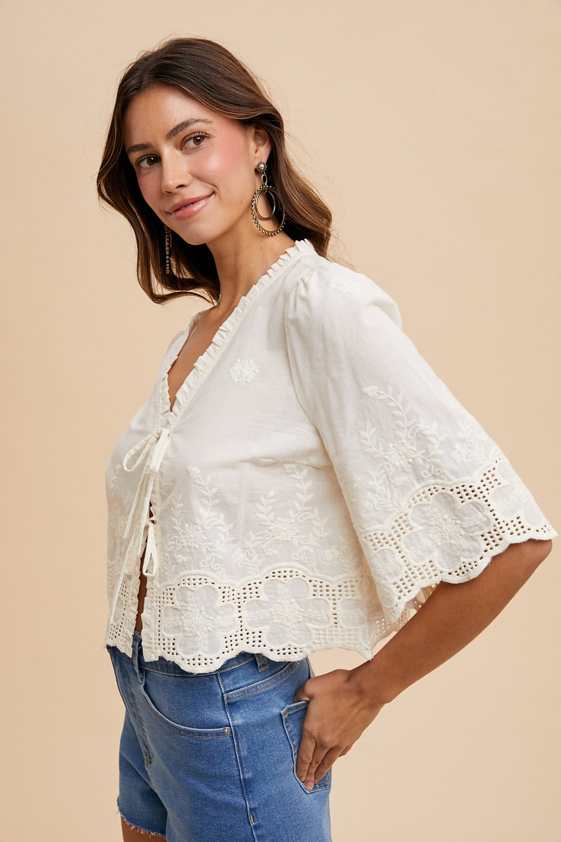 Katalina Floral Embroidered Blouse, Ivory