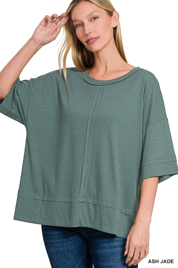 Aria Ribbed Boat Neck Top, Ash Jade