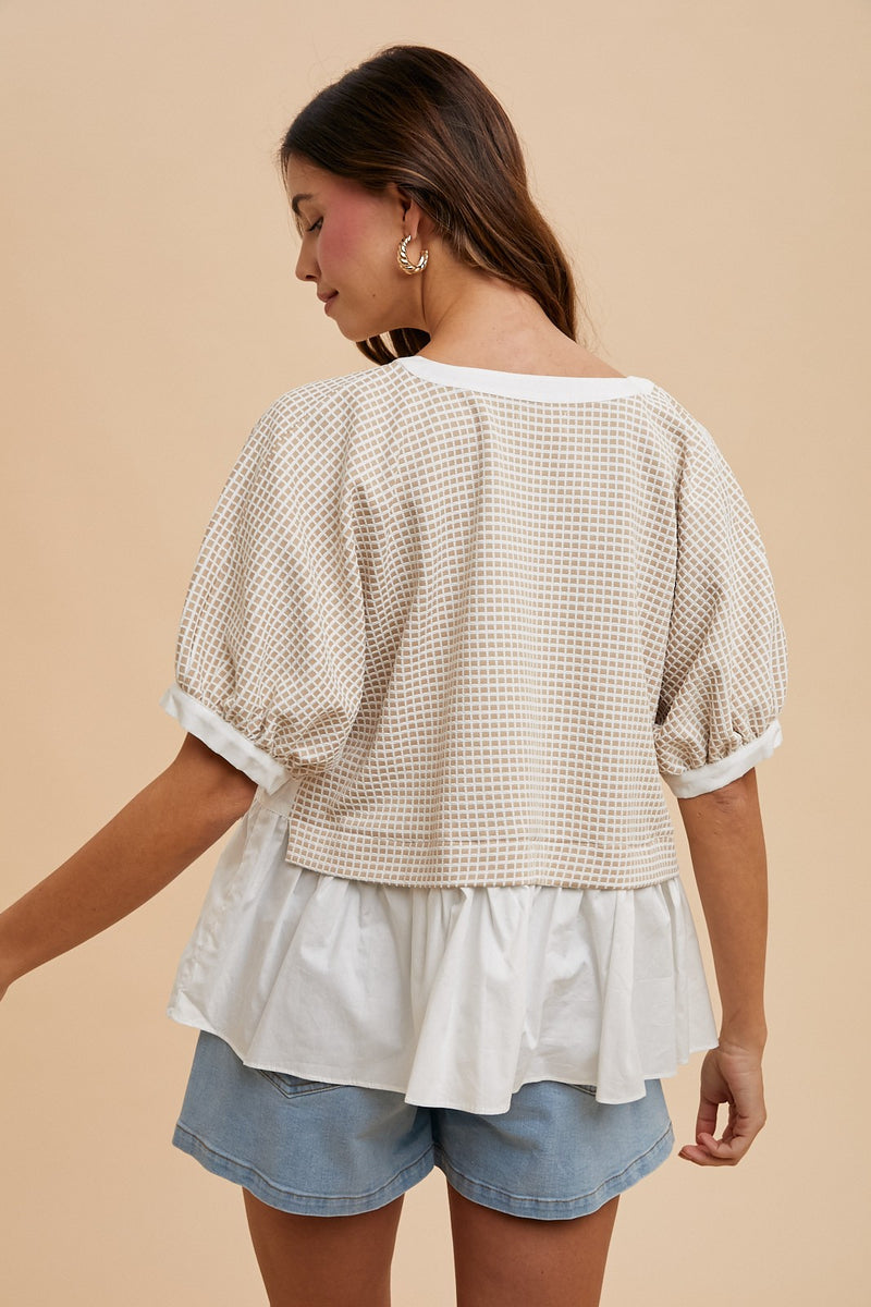 Kelsey Mix Media Check Textured Top, Oatmeal