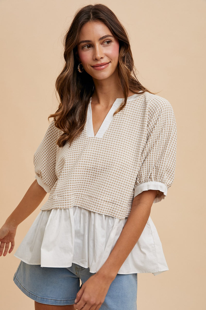 Kelsey Mix Media Check Textured Top, Oatmeal