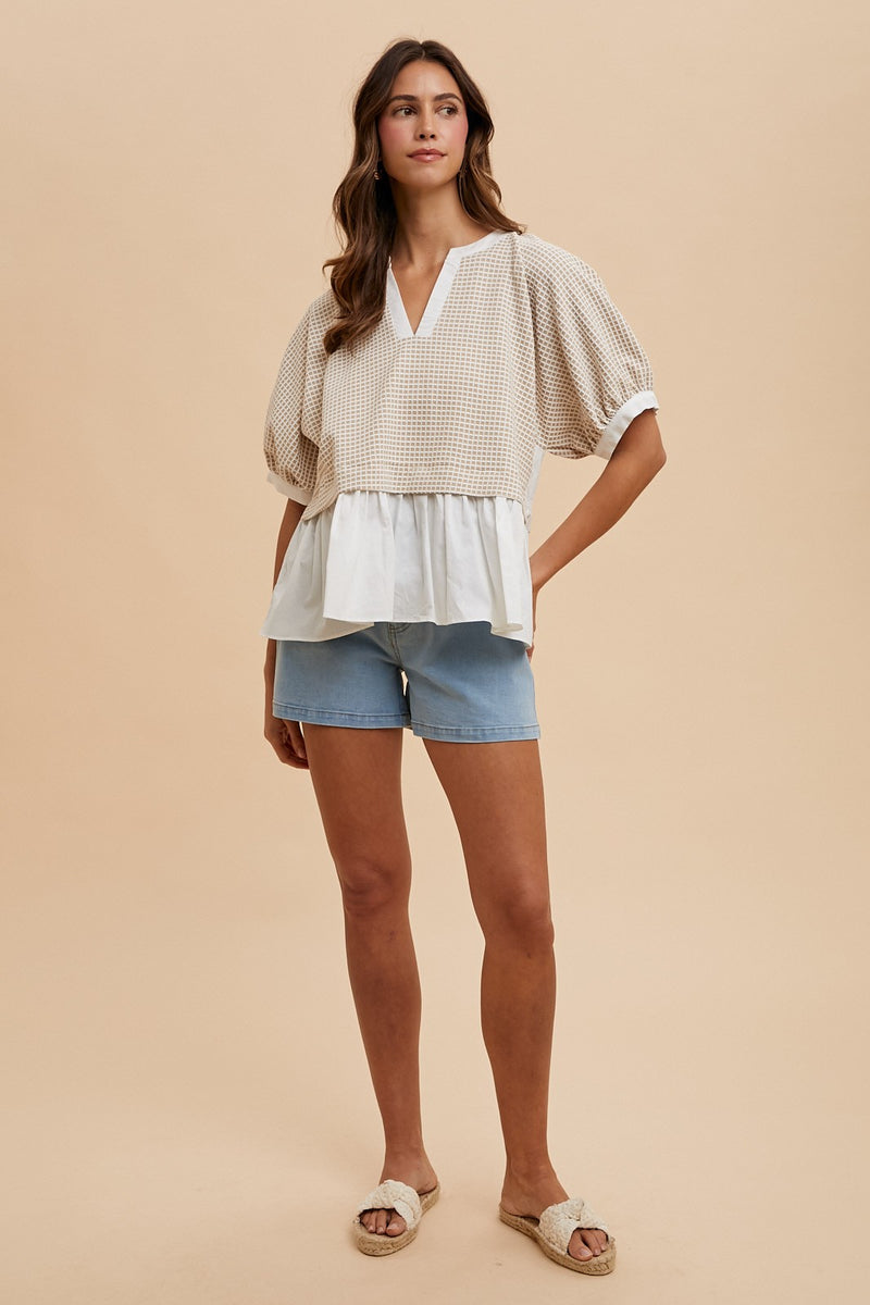 Kelsey Mix Media Check Textured Top, Oatmeal