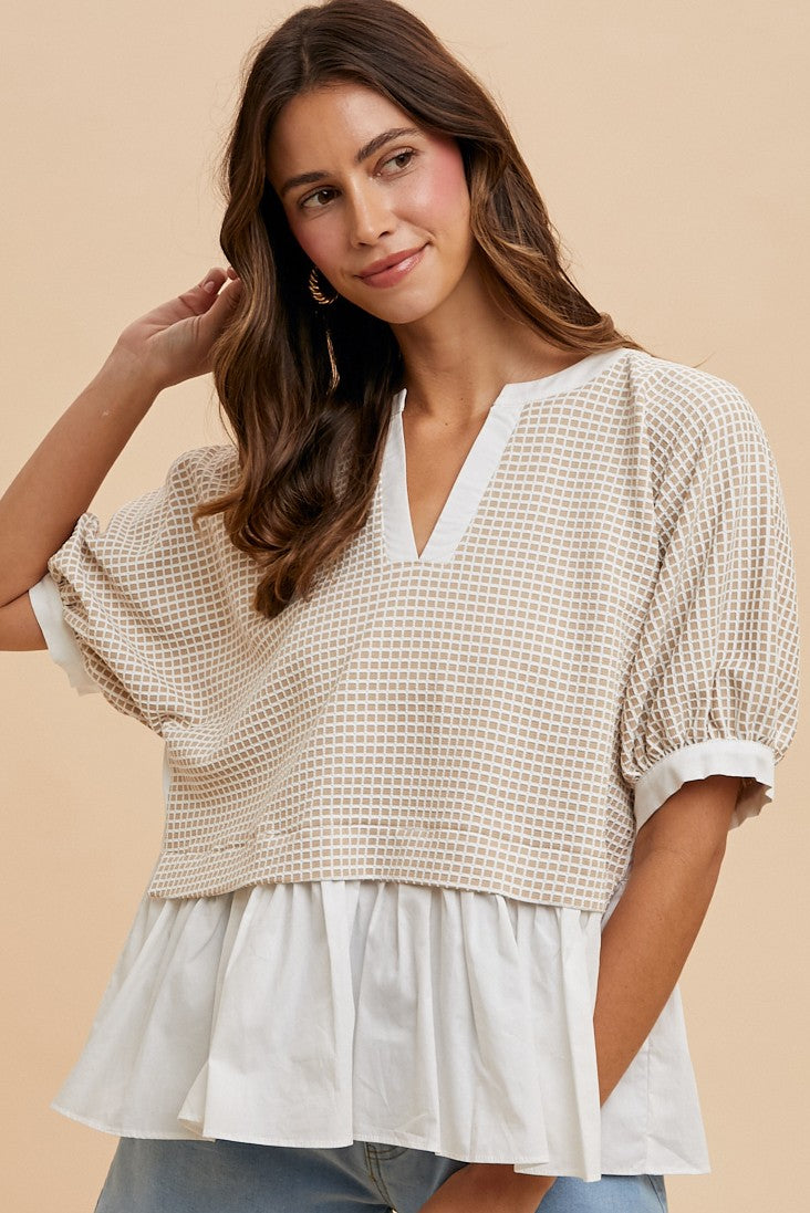 Kelsey Mix Media Check Textured Top, Oatmeal