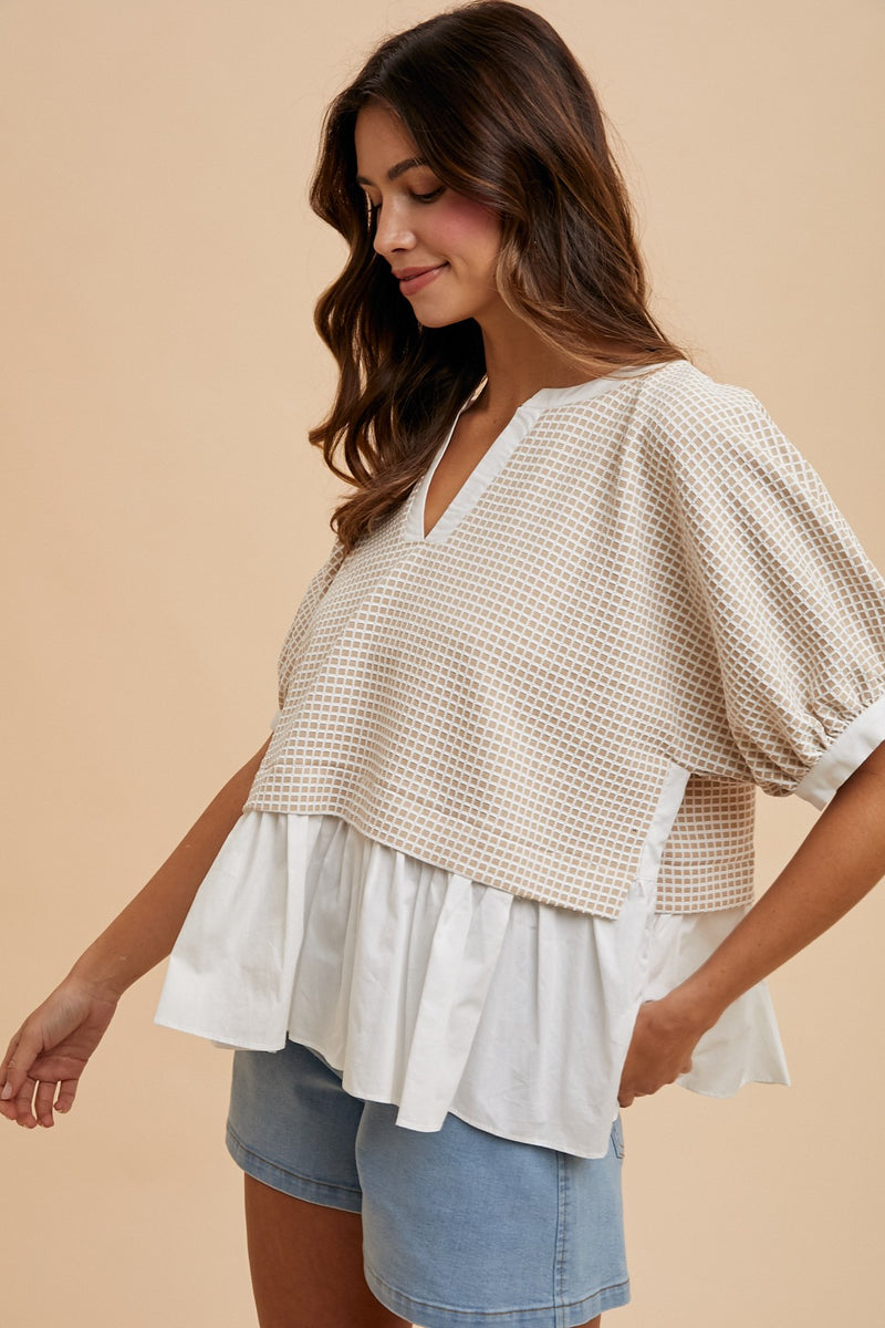 Kelsey Mix Media Check Textured Top, Oatmeal