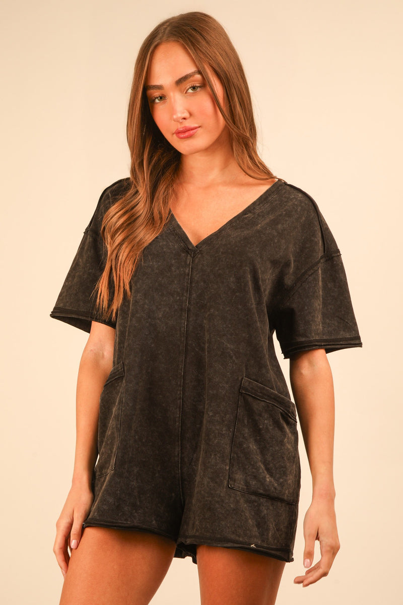 Kinsley Mineral Washed Oversized Romper, Black
