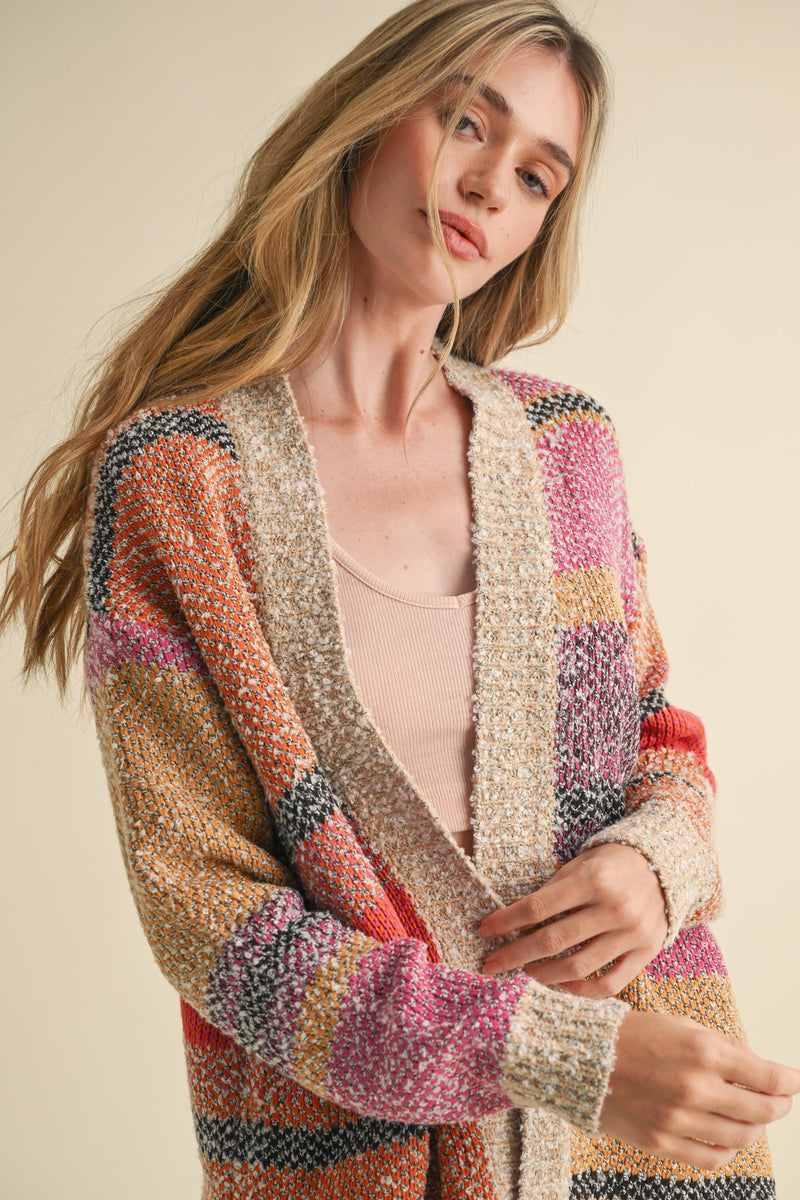 Frankie Oversized Color Block Cardigan, Fuchsia Mustard Multi