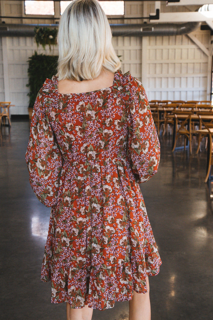 Myra Floral Smocked Bodice Dress, Rust