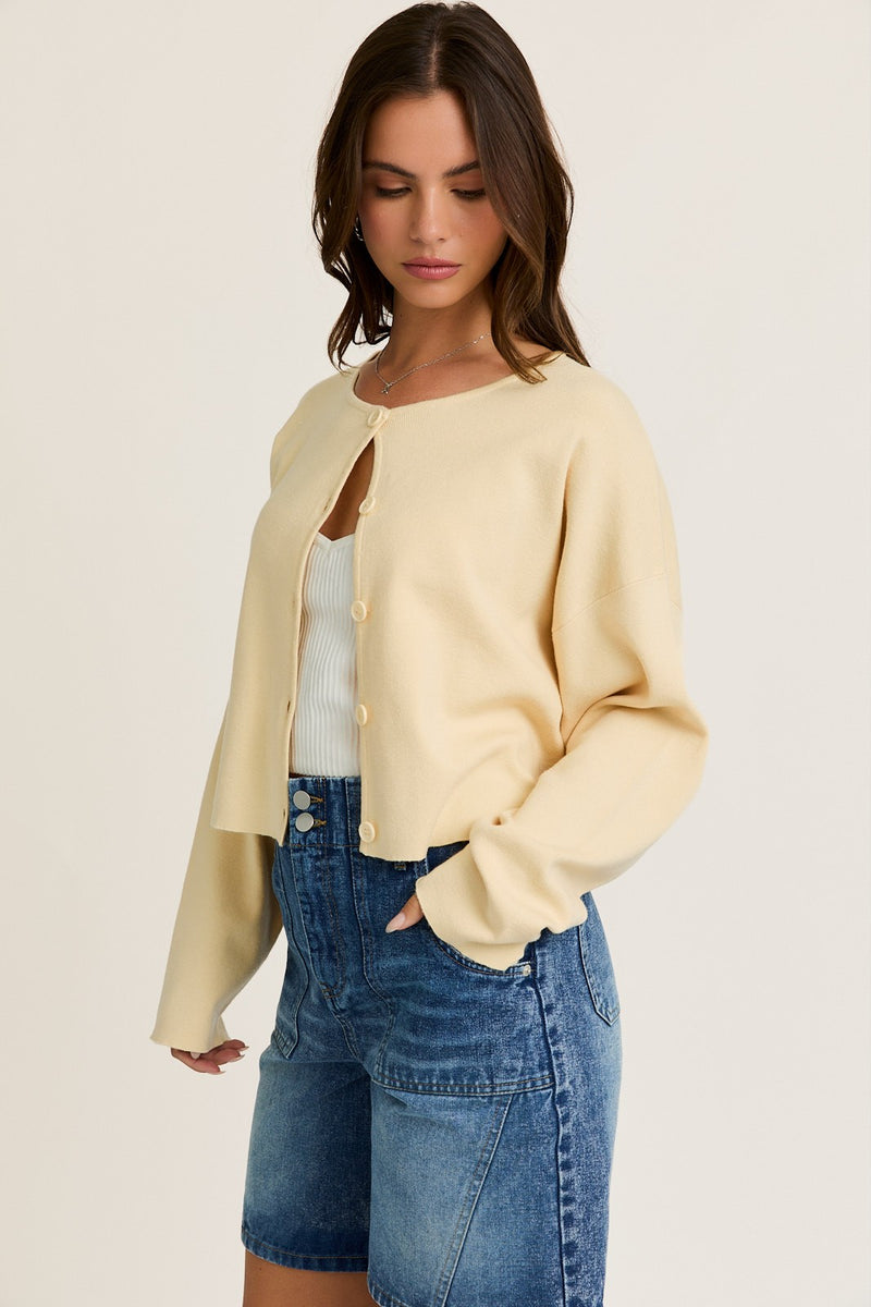 Bianca Cropped Drop Shoulder Cardigan, Butter