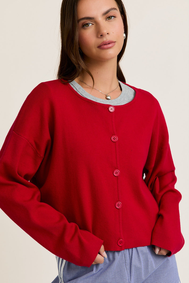 Bianca Cropped Drop Shoulder Cardigan, Red