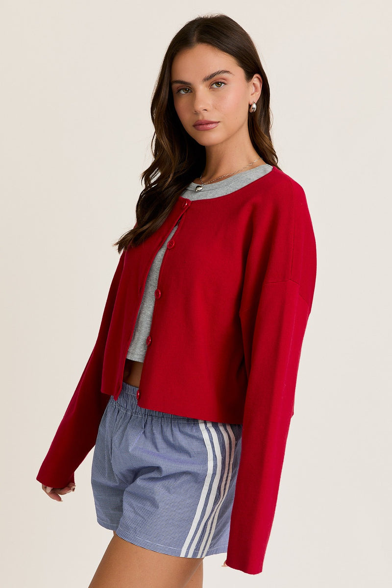 Bianca Cropped Drop Shoulder Cardigan, Red