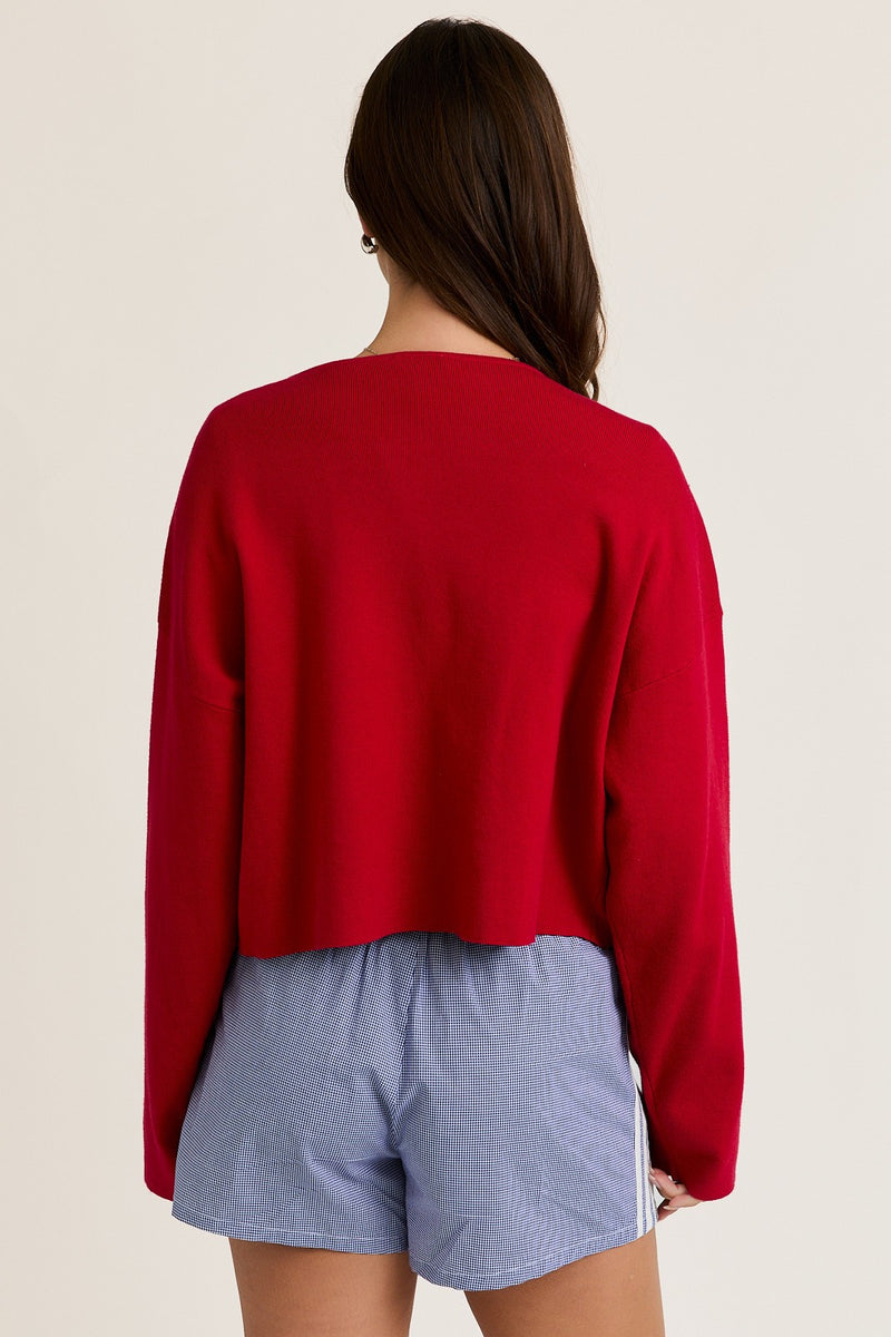 Bianca Cropped Drop Shoulder Cardigan, Red