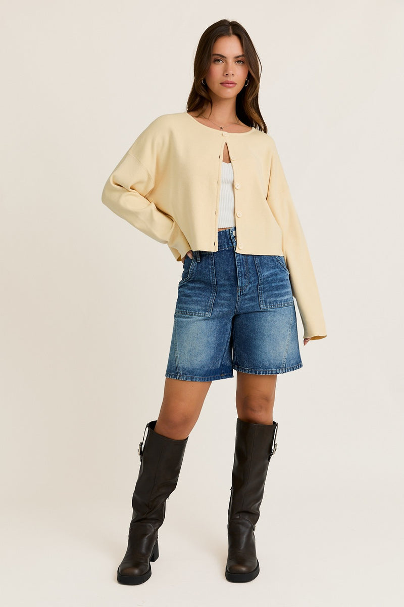 Bianca Cropped Drop Shoulder Cardigan, Butter
