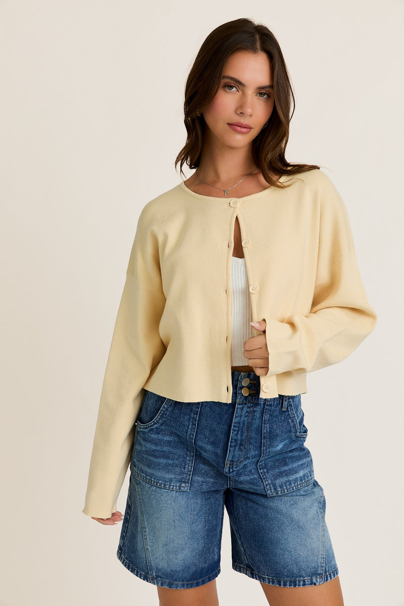 Bianca Cropped Drop Shoulder Cardigan, Butter