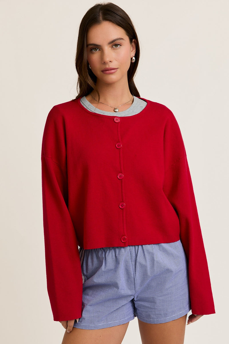 Bianca Cropped Drop Shoulder Cardigan, Red