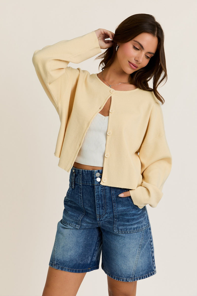 Bianca Cropped Drop Shoulder Cardigan, Butter