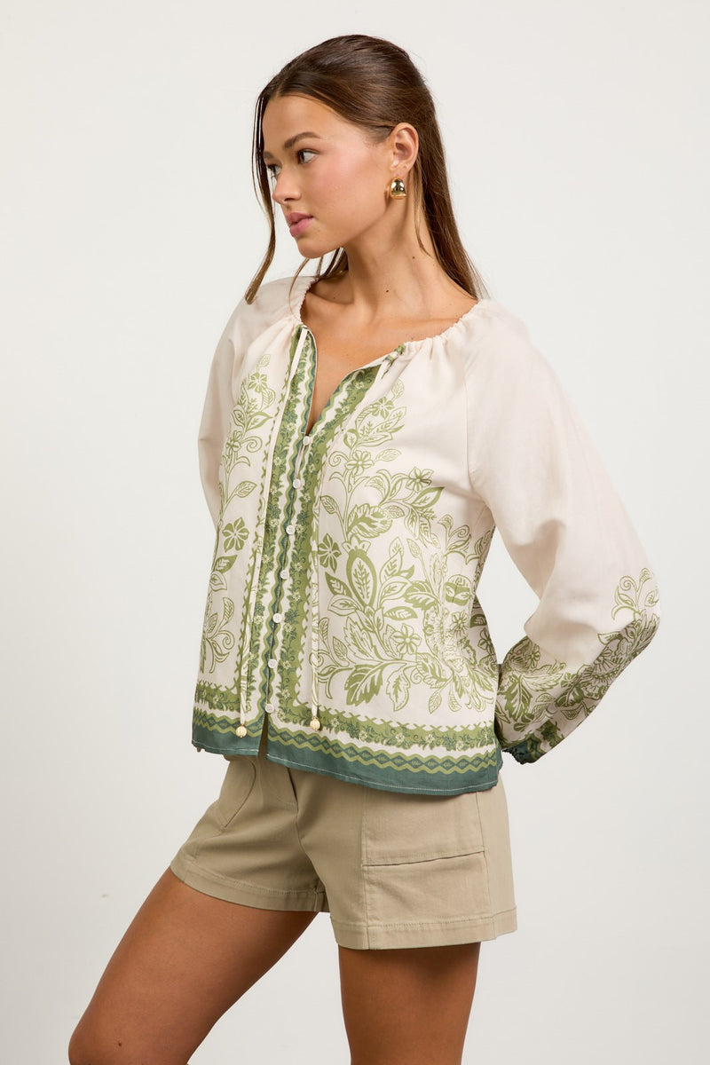 Darcy Border Print Button Front Top, Cream-Olive