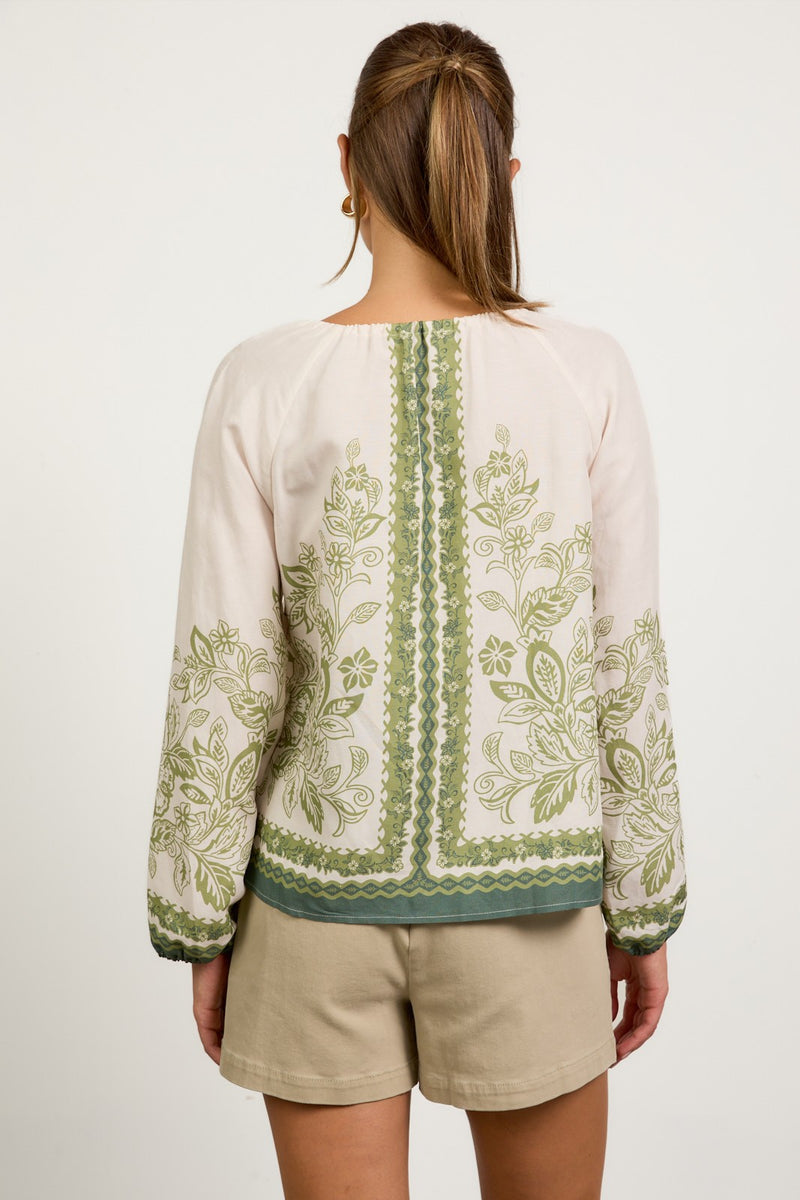 Darcy Border Print Button Front Top, Cream-Olive