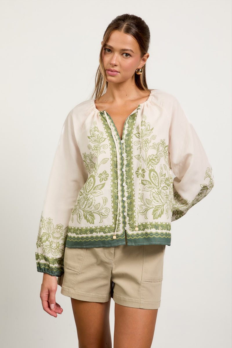 Darcy Border Print Button Front Top, Cream-Olive