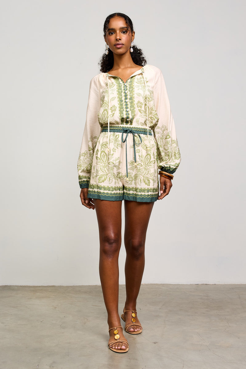 Darcy Border Print Button Front Top, Cream-Olive