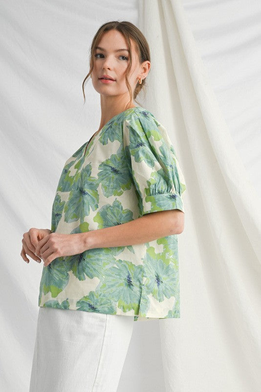 Eden Floral Puff Sleeve Top, Green Ivory Mix