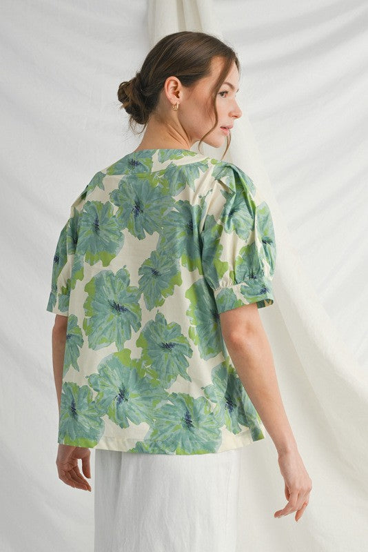 Eden Floral Puff Sleeve Top, Green Ivory Mix