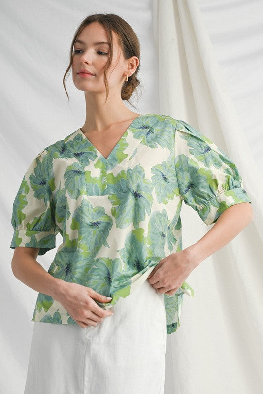 Eden Floral Puff Sleeve Top, Green Ivory Mix