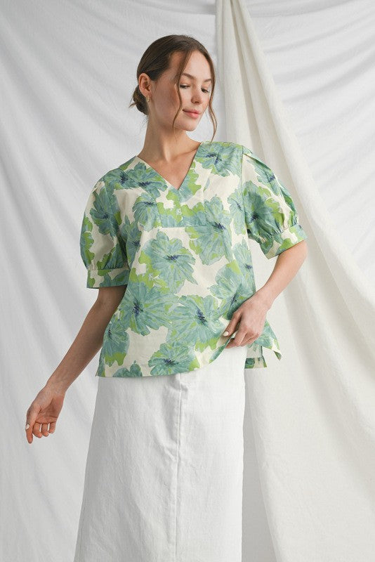Eden Floral Puff Sleeve Top, Green Ivory Mix