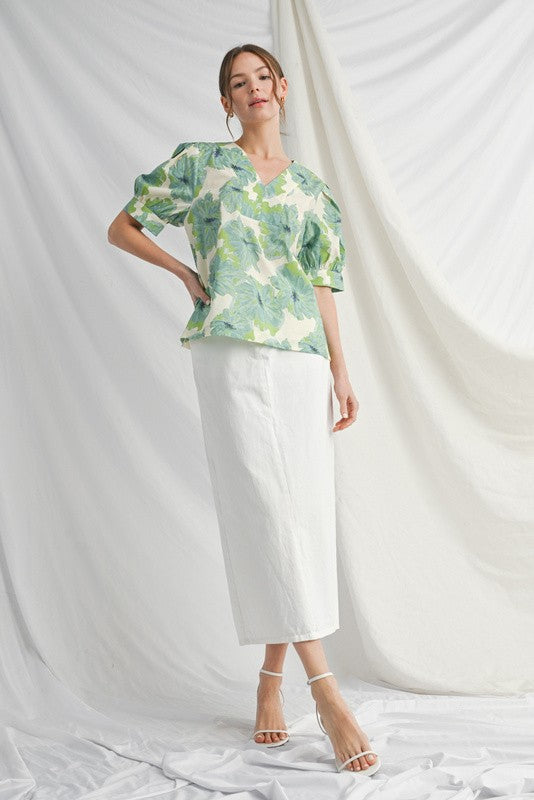 Eden Floral Puff Sleeve Top, Green Ivory Mix
