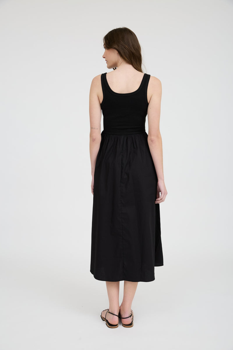 Rhea Mixed Media Midi Dress, Black