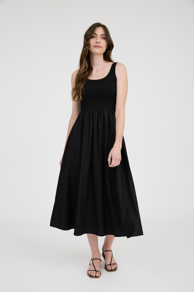 Rhea Mixed Media Midi Dress, Black