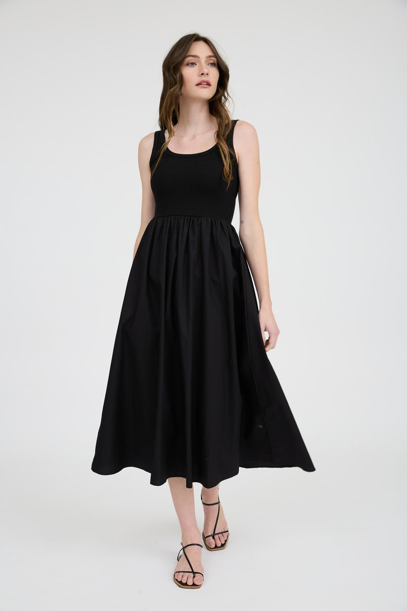 Rhea Mixed Media Midi Dress, Black