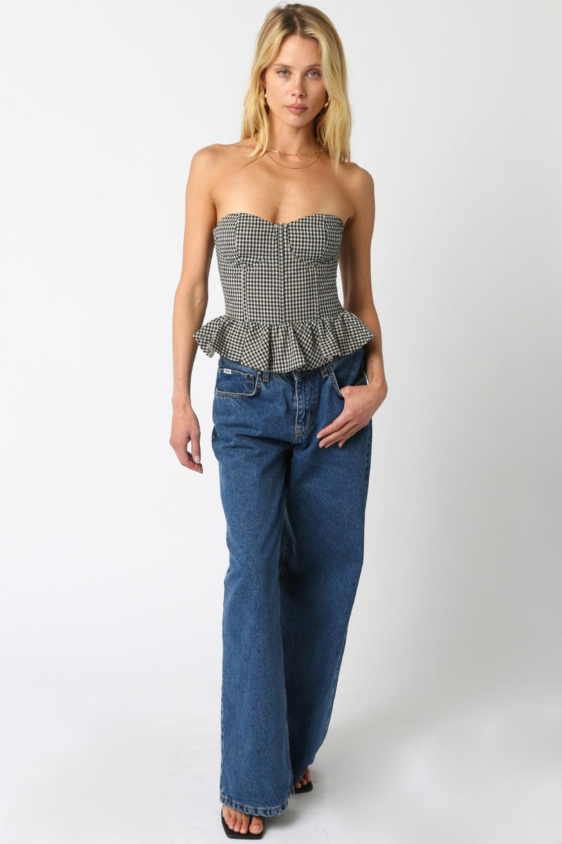 Georgina Checkered Peplum Top, Black Taupe