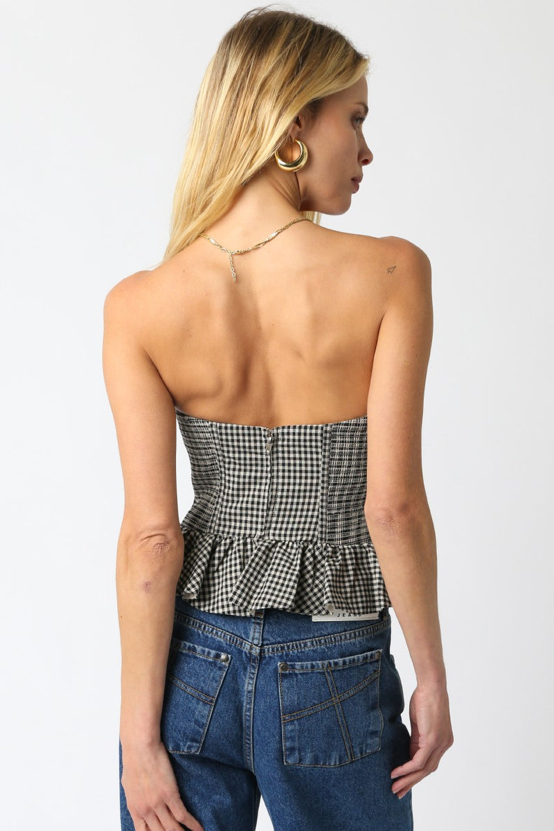 Georgina Checkered Peplum Top, Black Taupe