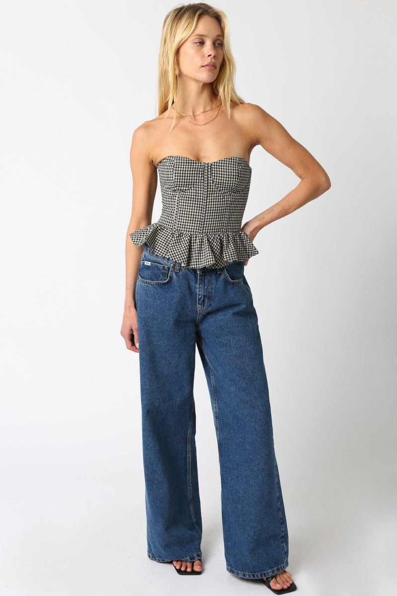 Georgina Checkered Peplum Top, Black Taupe