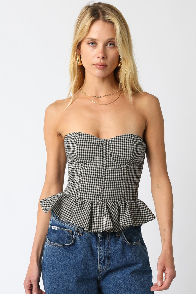 Georgina Checkered Peplum Top, Black Taupe