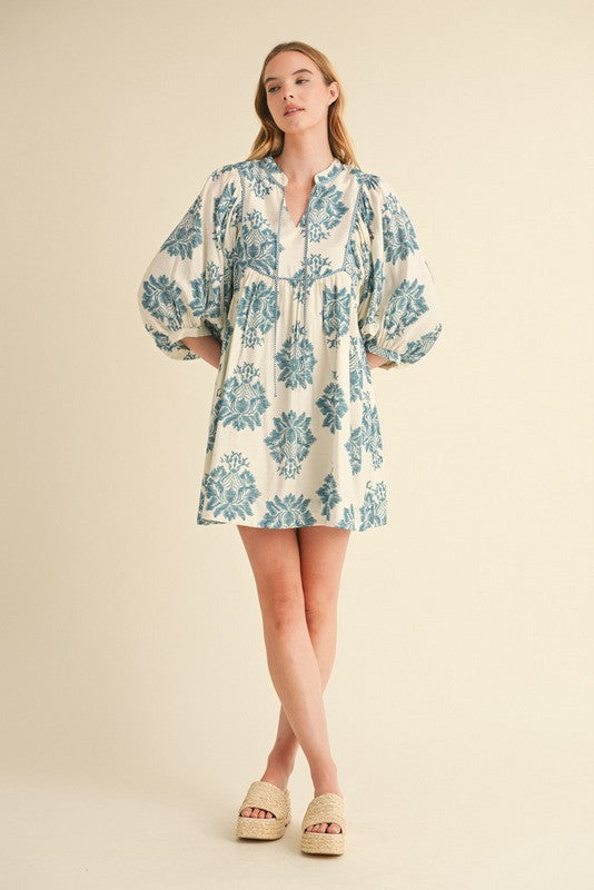 Raina Floral Print Tie Neck Dress, Teal