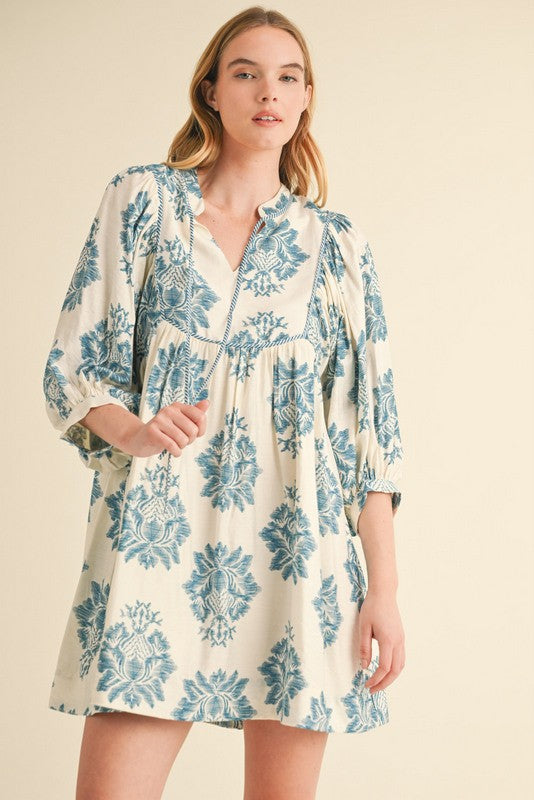 Raina Floral Print Tie Neck Dress, Teal