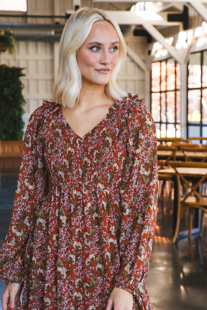 Myra Floral Smocked Bodice Dress, Rust